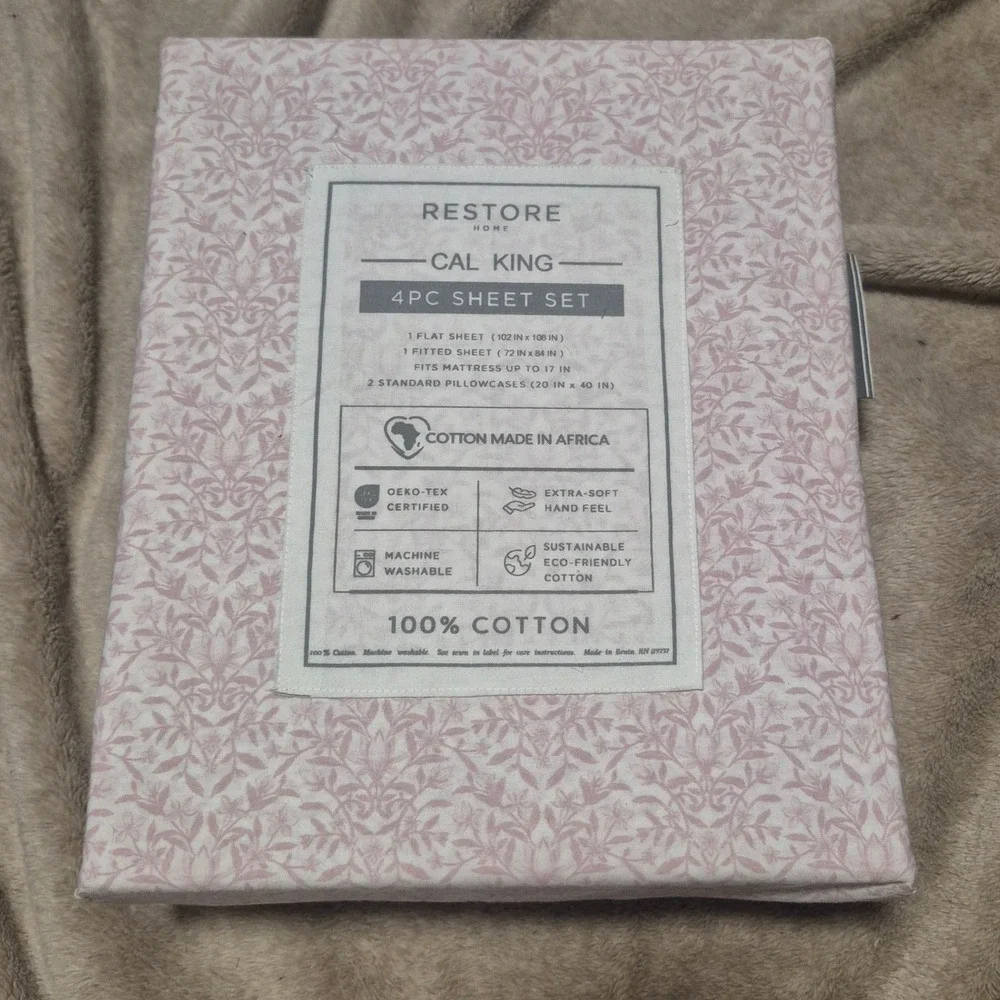 Restore Home Cal King 4PC Sheet Set 100% Cotton Pink White Floral Damask CMiA